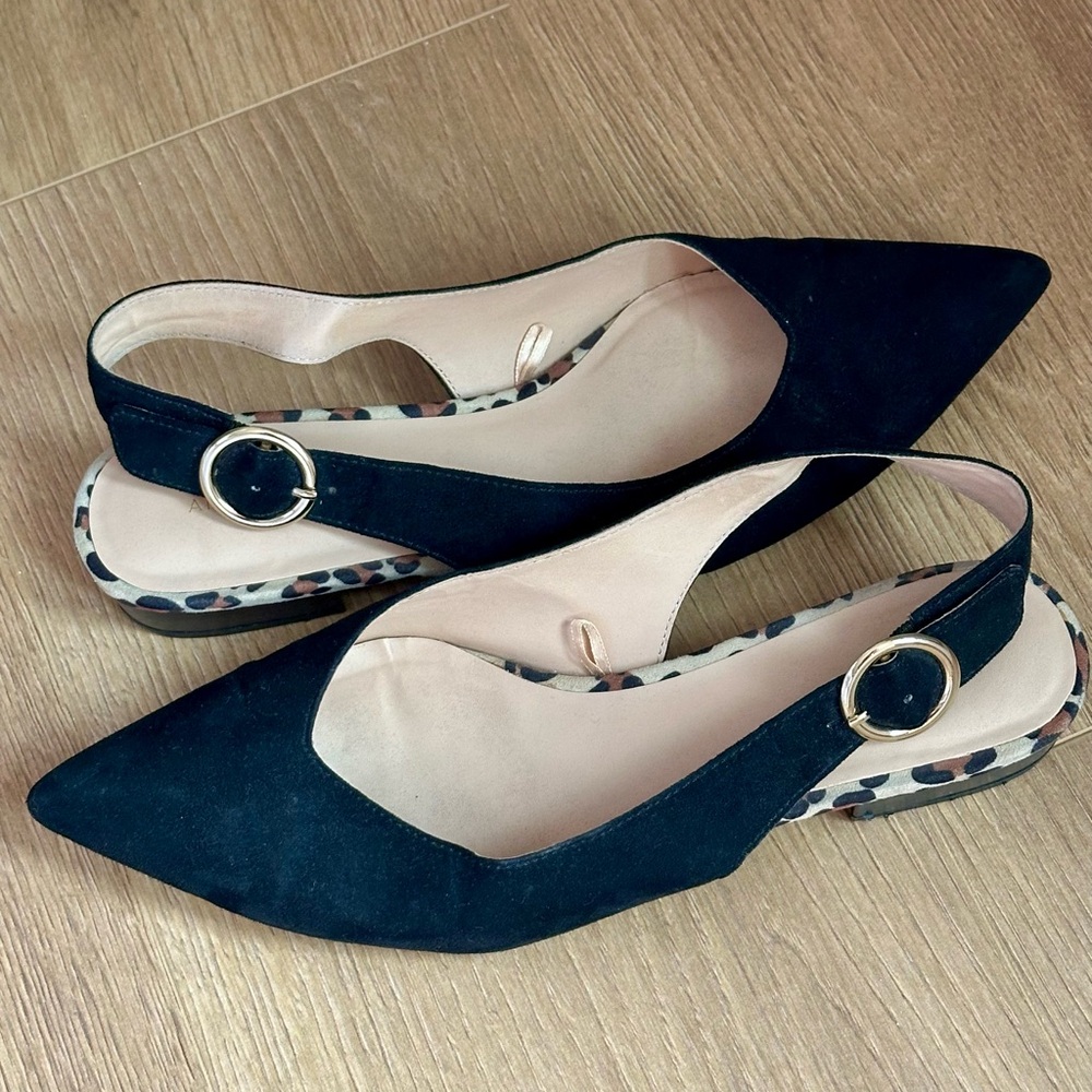 Ann Taylor Black Slingback Flats with Gold Buckle
